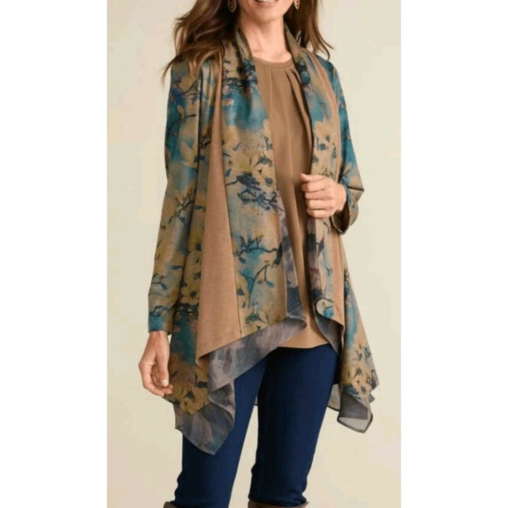 Soft Surroundings Tea Gardens Koi Flowy Open Cardigan M Whimsigoth Fairy Topper